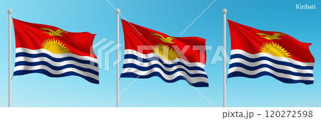 Set of three flags of Kiribati waving on flagpoles 120272598