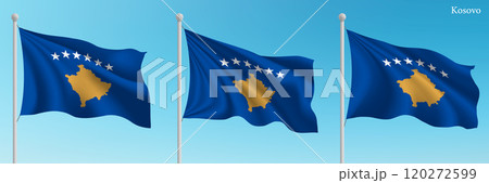 Set of Three Flags of Kosovo Waving in Clear Blue Sky 120272599