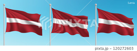 Set of Three Flags of Latvia Waving in Clear Blue Sky 120272603