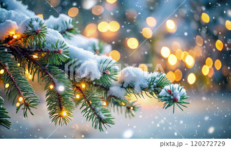 Christmas tree branch in festive lights under falling snow Christmas tree branch in festive lights under falling snow 120272729