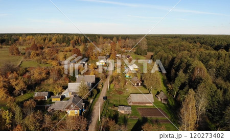 Charming village road winding through colorful autumn trees, houses with gardens, and vast forest, creating a picturesque rural landscape Charming village road winding through colorful autumn trees, houses with gardens, and vast forest, creating a picturesque rural landscape 120273402