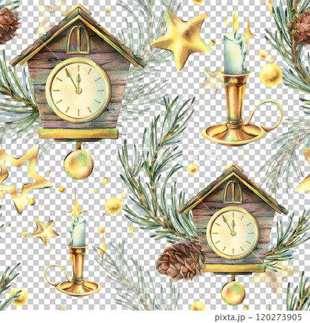 Wooden house clock with cuckoo, pine branches and cones, candles in a candlestick, sparkling stars. Christmas, New Year watercolor illustration hand drawn. Seamless pattern on the white background 120273905