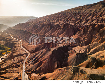 Aerial view of the Flaming Mountains in Turpan, western China. The silk road. Aerial view of the Flaming Mountains in Turpan, western China. The silk road. 120274285
