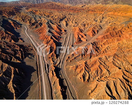 Aerial view of the Flaming Mountains in Turpan, western China. The silk road. Aerial view of the Flaming Mountains in Turpan, western China. The silk road. 120274288