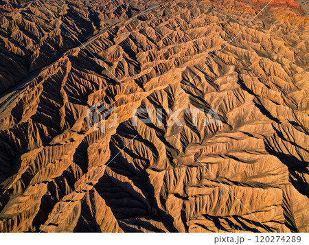 Aerial view of the Flaming Mountains in Turpan, western China. The silk road. Aerial view of the Flaming Mountains in Turpan, western China. The silk road. 120274289