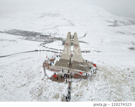 China westernmost monument in Simuhana town, Xinjiang, China. The chinese alphabet means China's westernmost, latitude and longtitude. 120274323