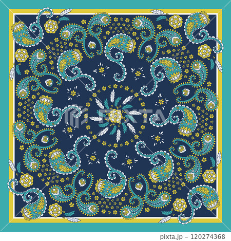 Gold and blue scarf or bandana design with paisley mandala pattern 120274368