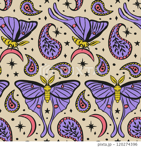 Seamless pattern with celestial luna moth and paisley motif. Stars and moons boho wallpaper Seamless pattern with celestial luna moth and paisley motif. Stars and moons boho wallpaper 120274396