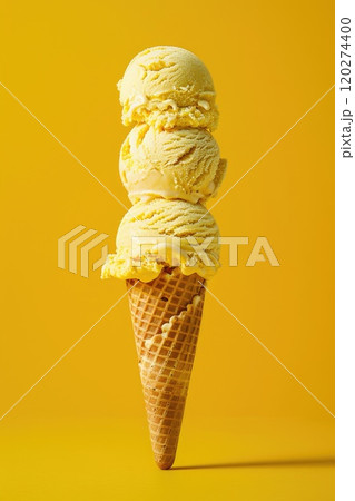 Three scoops of soft ice cream stacked on the waffle, bright yellow background, minimalistic presentation Three scoops of soft ice cream stacked on the waffle, bright yellow background, minimalistic presentation 120274400