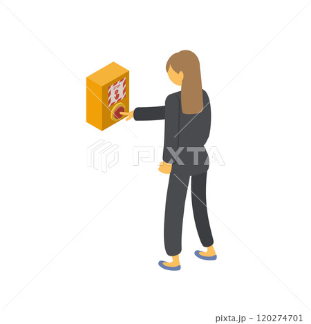 スーツの女性が駅のホームにある緊急停止ボタンを押すイラスト。アイソメトリック素材2 120274701