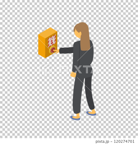 スーツの女性が駅のホームにある緊急停止ボタンを押すイラスト。アイソメトリック素材2 120274701