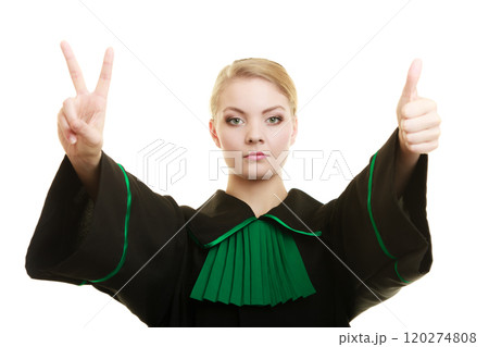 Woman barrister making sign victory thumb up gesture Woman barrister making sign victory thumb up gesture 120274808