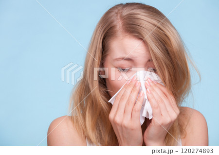 Flu allergy. Sick girl sneezing in tissue. Health Flu allergy. Sick girl sneezing in tissue. Health 120274893