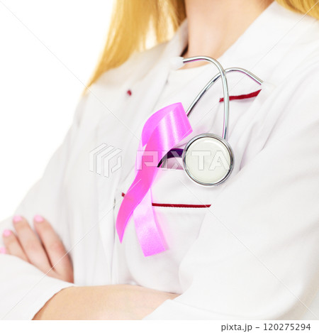 Doctor with pink cancer ribbon aids symbol on chest Doctor with pink cancer ribbon aids symbol on chest 120275294