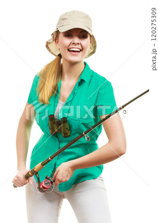 Woman with fishing rod, spinning equipment Woman with fishing rod, spinning equipment 120275309
