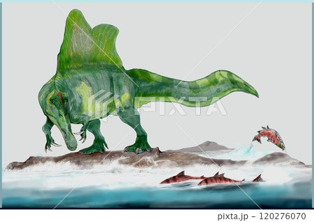 スピノサウルスの漁場　古代鮭の訴状を狙っているスピノサウルス 120276070