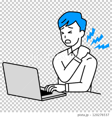 Casual man suffering from stiff shoulders while working on a laptop 120276537
