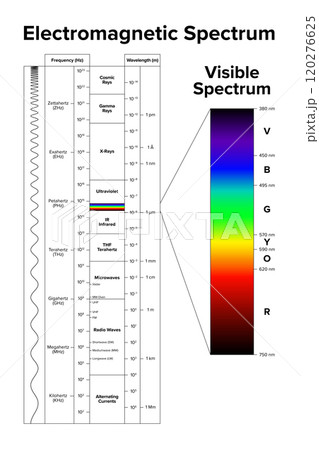 Electromagnetic spectrum and its visible spectrum highlighted separately. Diagram of the full range of electromagnetic radiation, organized by frequency in Hertz and wavelength in meters. Vector. Electromagnetic spectrum and its visible spectrum highlighted separately. Diagram of the full range of electromagnetic radiation, organized by frequency in Hertz and wavelength in meters. Vector. 120276625