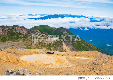 秋の御嶽山登山：剣ヶ峰から二ノ池方面の眺め 120277905