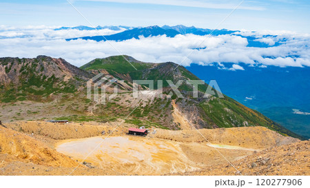 秋の御嶽山登山：剣ヶ峰から二ノ池方面の眺め 120277906