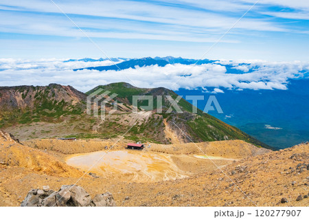 秋の御嶽山登山：剣ヶ峰から二ノ池方面の眺め 120277907