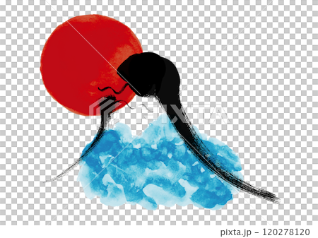 2025年 巳年 年賀状用　へびの富士山と初日の出手書き和風筆イラスト入り 120278120