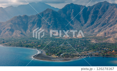 Landscape on West Bali with blue ocean and mountains in Pemuteran area 120278167