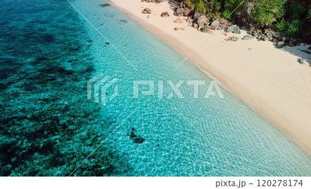Tropical beach with turquoise ocean in Bali. Aerial view of Melasti beach Tropical beach with turquoise ocean in Bali. Aerial view of Melasti beach 120278174