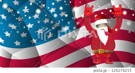 vector cool rock n roll santa claus with smoking pipe, santa beard and funky hat stands in front of american flag with snowflakes. Horizontal USA AMERICAN patriot Christmas hipster party poster design 120278255