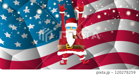 vector cool rock n roll santa claus with smoking pipe, santa beard and funky hat stands in front of american flag with snowflakes. Horizontal USA AMERICAN patriot Christmas hipster party poster design 120278259