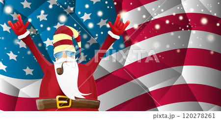 vector cool rock n roll santa claus with smoking pipe, santa beard and funky hat stands in front of american flag with snowflakes. Horizontal USA AMERICAN patriot Christmas hipster party poster design 120278261