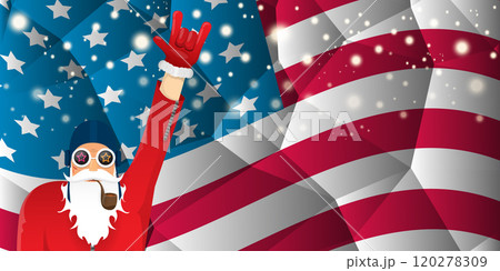 vector cool rock n roll santa claus with smoking pipe, santa beard and funky hat stands in front of american flag with snowflakes. Horizontal USA AMERICAN patriot Christmas hipster party poster design 120278309