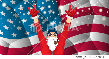 vector cool rock n roll santa claus with smoking pipe, santa beard and funky hat stands in front of american flag with snowflakes. Horizontal USA AMERICAN patriot Christmas hipster party poster design vector cool rock n roll santa claus with smoking pipe, santa beard and funky hat stands in front of american flag with snowflakes. Horizontal USA AMERICAN patriot Christmas hipster party poster design 120278310