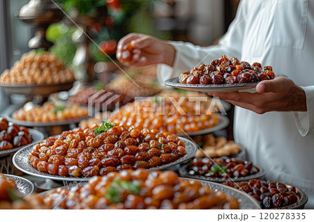 Man holds plate full of dates in his hands 120278335