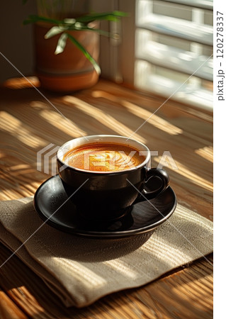 Black coffee cup with white rim on wooden table 120278337
