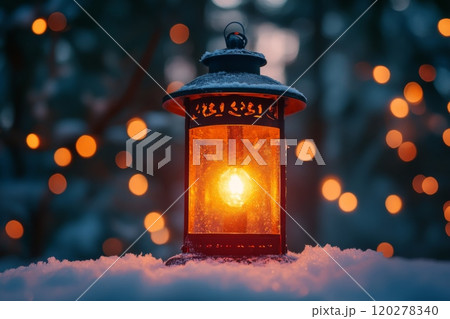 Lantern with light inside is it up in the snow. Christmas Card 120278340