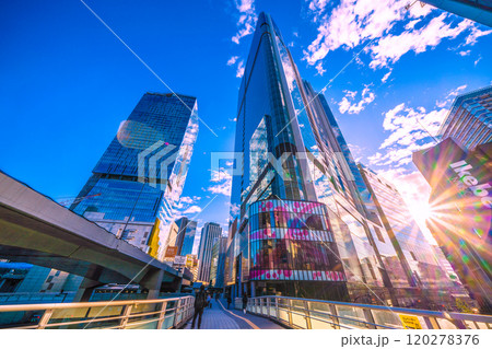 日本の東京都市景観 朝日を浴びる…渋谷サクラステージなどを望む。新時代に希望の光＝11月9日 120278376