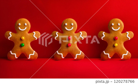 クリスマスの人形ジンジャークッキー3個 赤い背景 クリスマスの人形ジンジャークッキー3個 赤い背景 120278766