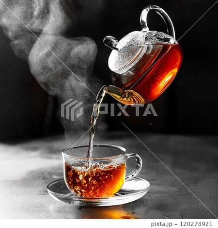 空中に浮いたティーポットからティーカップへ紅茶を注ぐ瞬間　幻想的なティータイムのイメージ 120278921