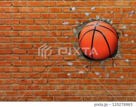 Basketball breaks through the wall, sports concept, strength. Basketball breaks through the wall, sports concept, strength. 120278965