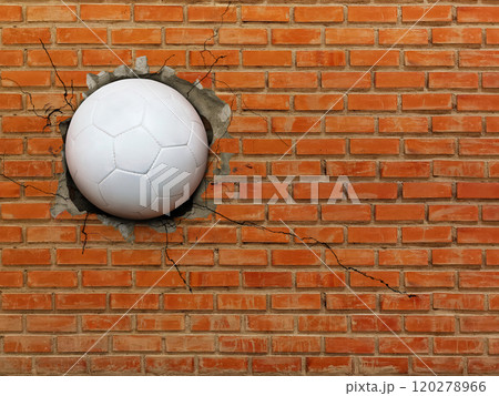 Soccer Ball Breaks Through Wall, Strong Sports Concept. 120278966