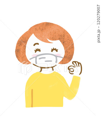 マスクをしてOKサインをしている女性の上半身手描きイラスト マスクをしてOKサインをしている女性の上半身手描きイラスト 120279007
