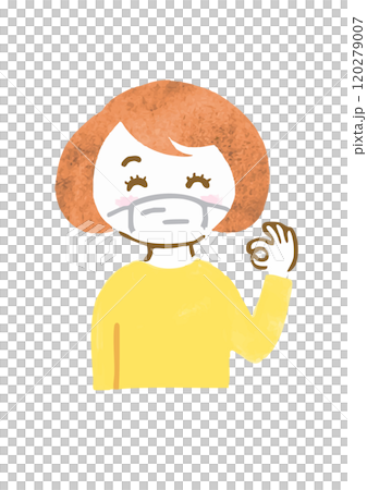 マスクをしてOKサインをしている女性の上半身手描きイラスト マスクをしてOKサインをしている女性の上半身手描きイラスト 120279007