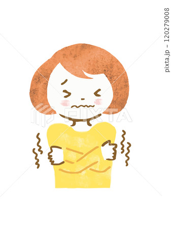 寒くて震えている女性の上半身手描きイラスト 寒くて震えている女性の上半身手描きイラスト 120279008