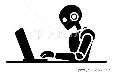 デスクトップパソコンのモニターを見ながらキーボード入力の仕事をしている人工知能ロボットのシルエットイ 120279062
