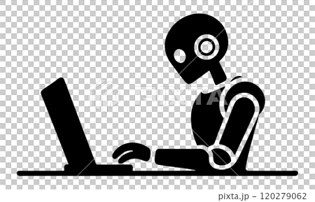 デスクトップパソコンのモニターを見ながらキーボード入力の仕事をしている人工知能ロボットのシルエットイ 120279062
