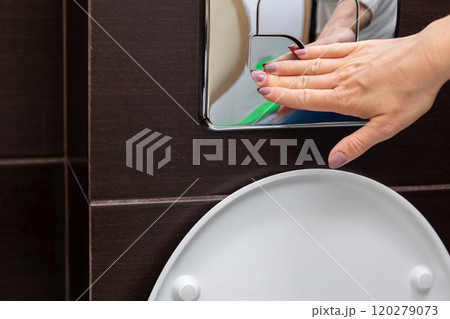 Hand Sanitizing Station Located Near the Toilet Flusher in a Modern Bathroom Setting 120279073