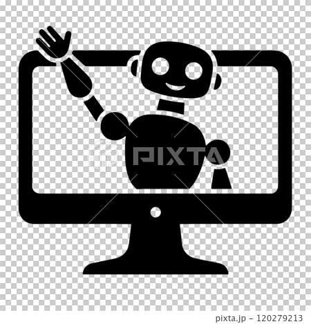 Silhouette illustration of an artificial intelligence robot emerging from a desktop computer monitor, cut out on a transparent background 120279213