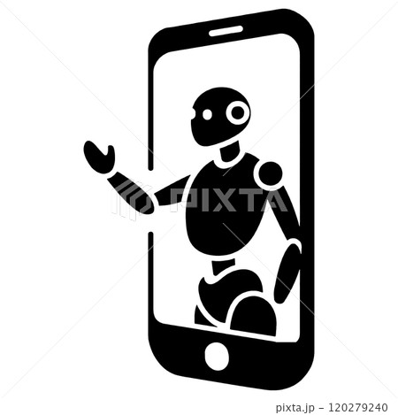 スマートフォンの画面から出てくる人工知能ロボットのシルエットイラスト　透過背景の切り抜き 120279240