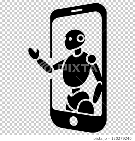 スマートフォンの画面から出てくる人工知能ロボットのシルエットイラスト　透過背景の切り抜き 120279240